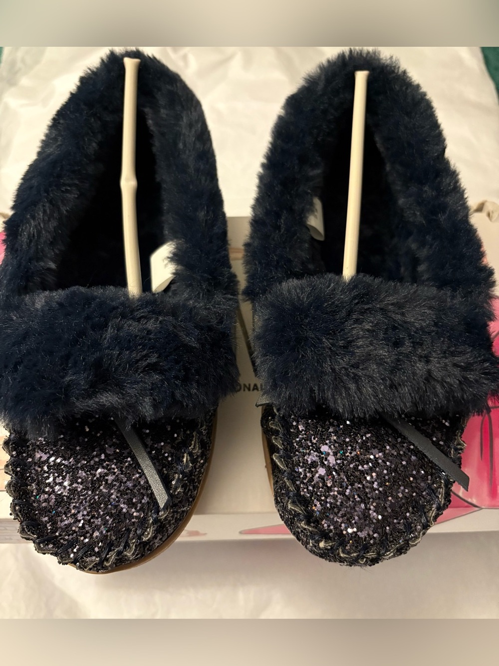 INC International Concept Yasmina Navy Glitter Faux Fur Moccasin Slippers